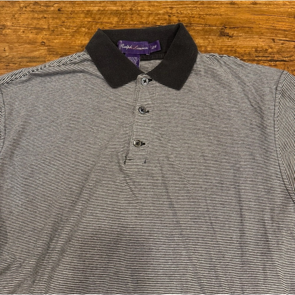 Vintage Ralph Lauren Purple Label Gray Pinstripe Short Sleeve Polo Shirt Men's L